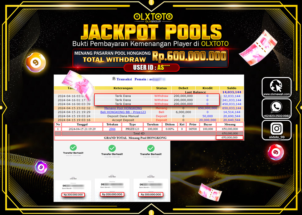 OLXTOTO JACKPOT TOGEL PASARAN POOL HONGKONG Rp.600.000.000.,- LUNAS