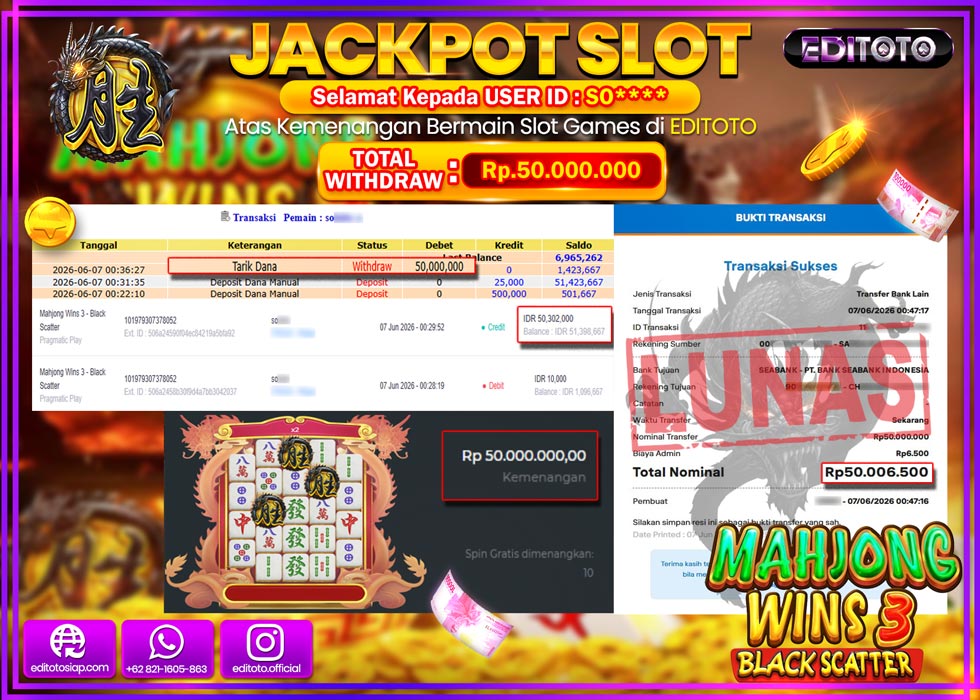 JACKPOT EDITOTO SLOT MAHJONG WINS 3 BLACK SCATTER Rp.42.000.000,- LUNAS