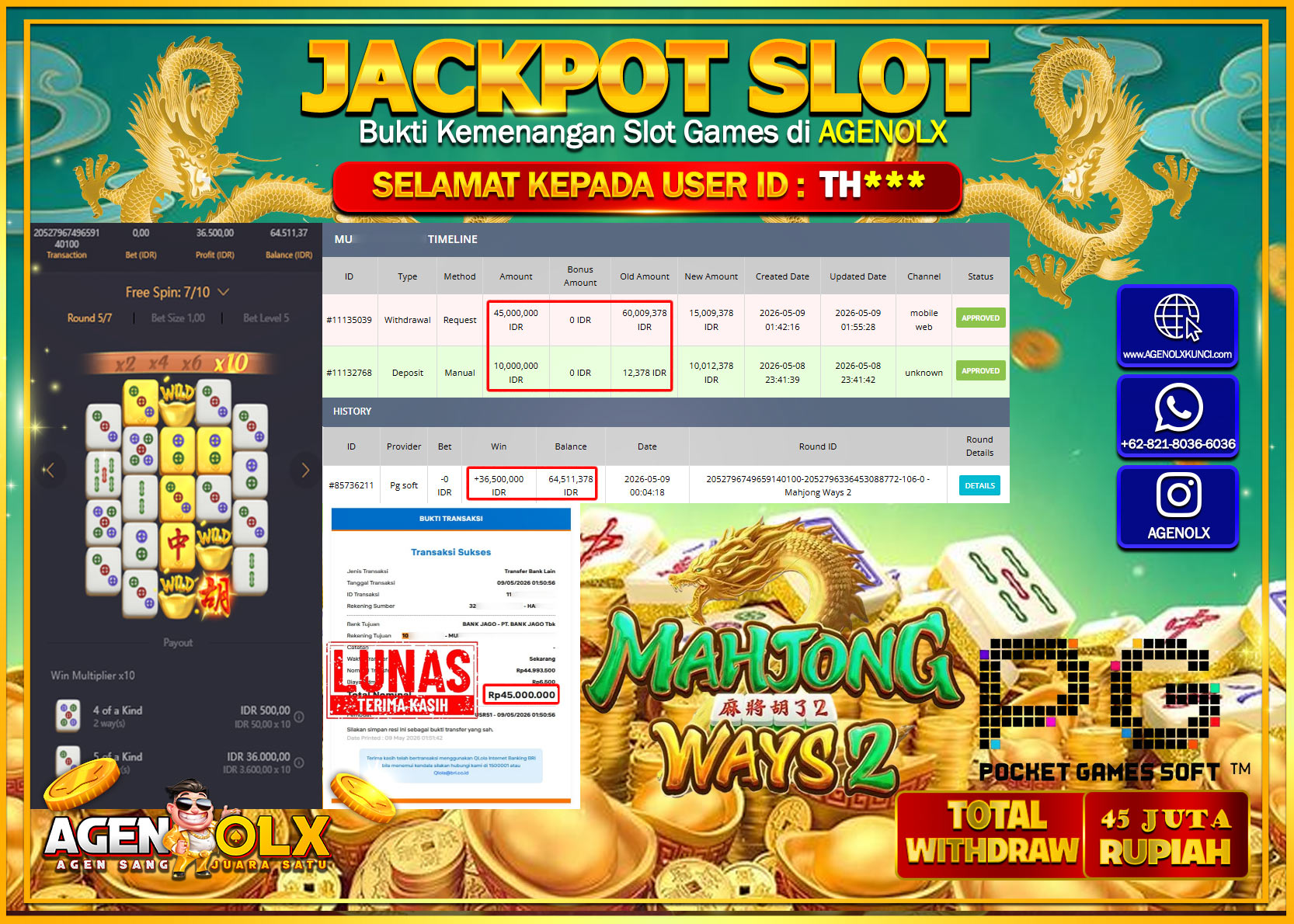 AGENOLX JACKPOT SLOT MAHJONG WAYS 2 Rp 45.000.000 - LUNAS