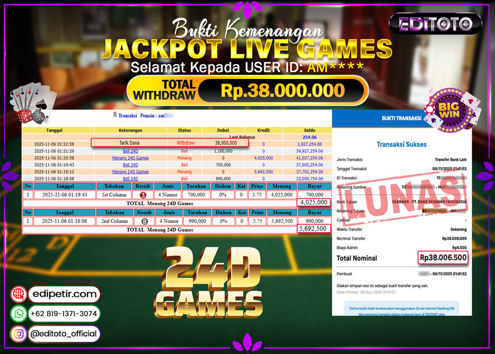 JACKPOT EDITOTO LIVE GAMES 24D GAMES Rp. 38.000.000.,- LUNAS