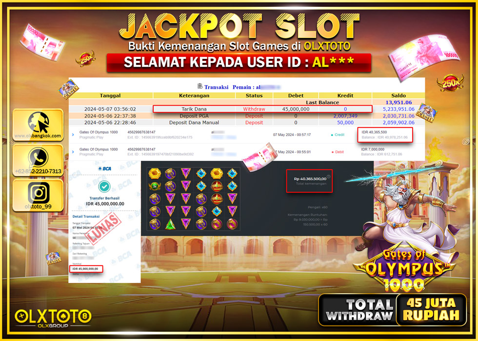 OLXTOTO JACKPOT SLOT GATES OF OLYMPUS 1000  Rp.45.000.000.,- LUNAS