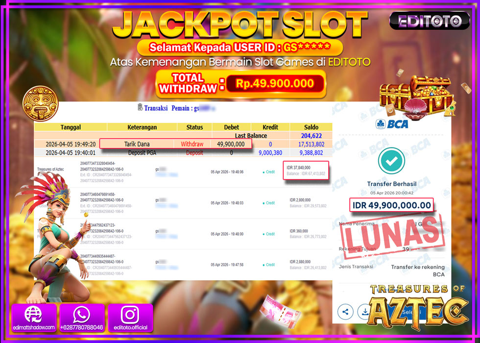 JACKPOT EDITOTO SLOT TREASURES OF AZTEC Rp.49.900.000,- LUNAS