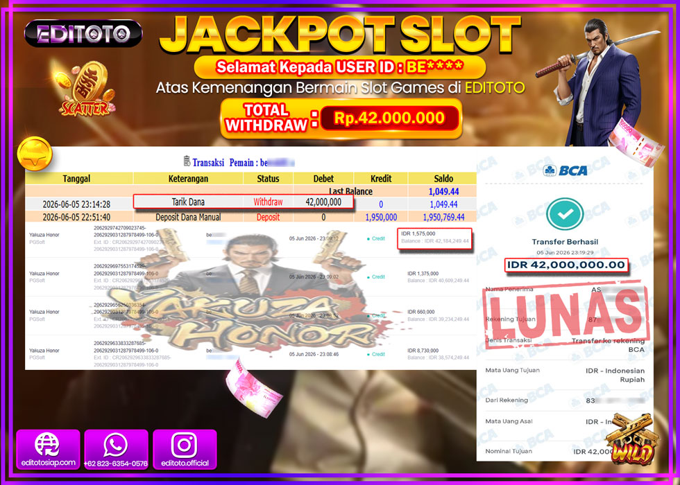 JACKPOT EDITOTO SLOT YAKUZA HONOR Rp.42.000.000,- LUNAS