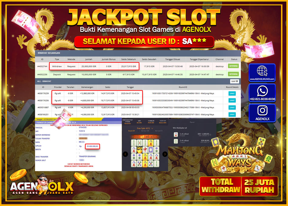 AGENOLX JACKPOT SLOT MAHJONG WAYS  Rp 25.000.000,- LUNAS