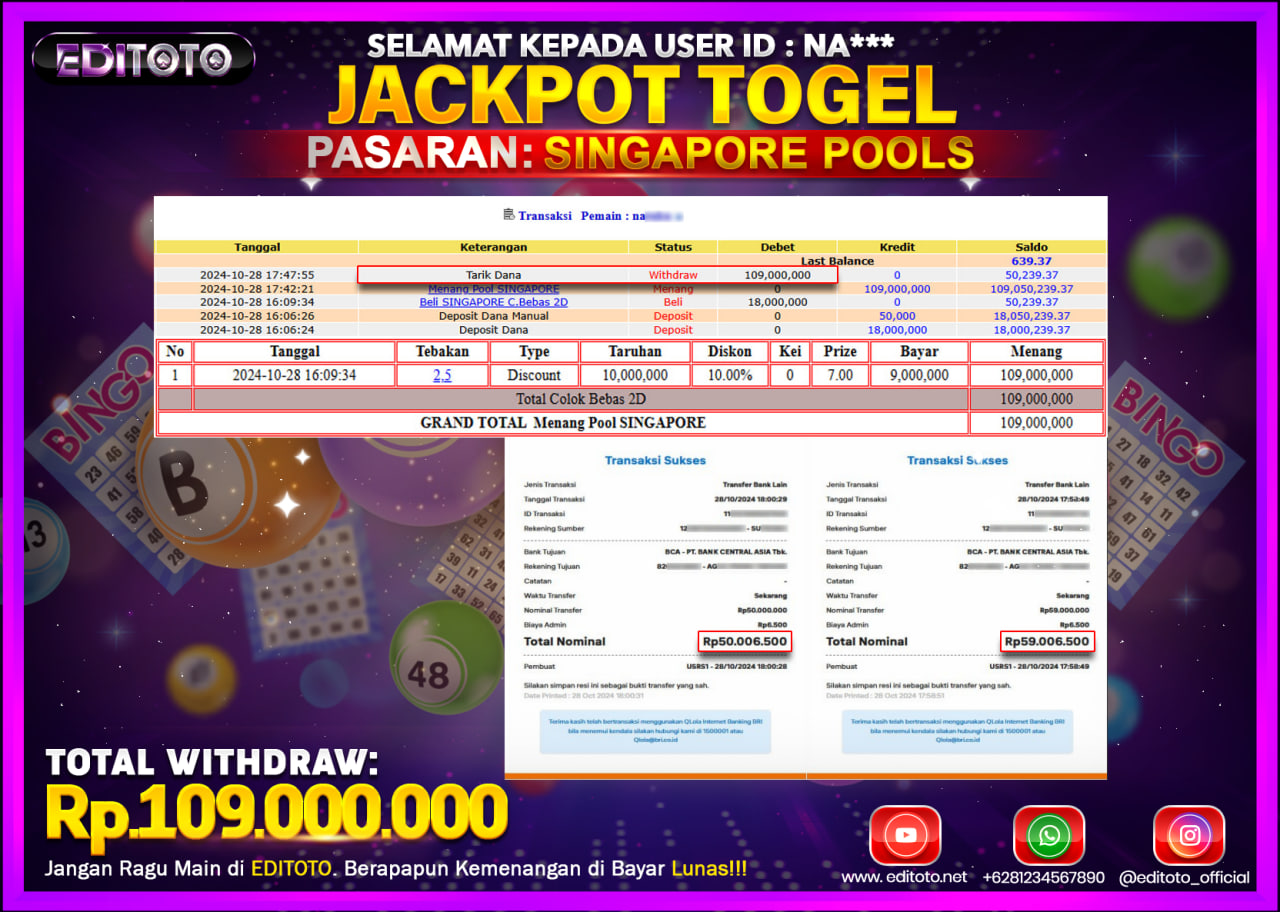JACKPOT TOGEL PASARAN SINGAPORE POOLS Rp.109.000.000.,- LUNAS