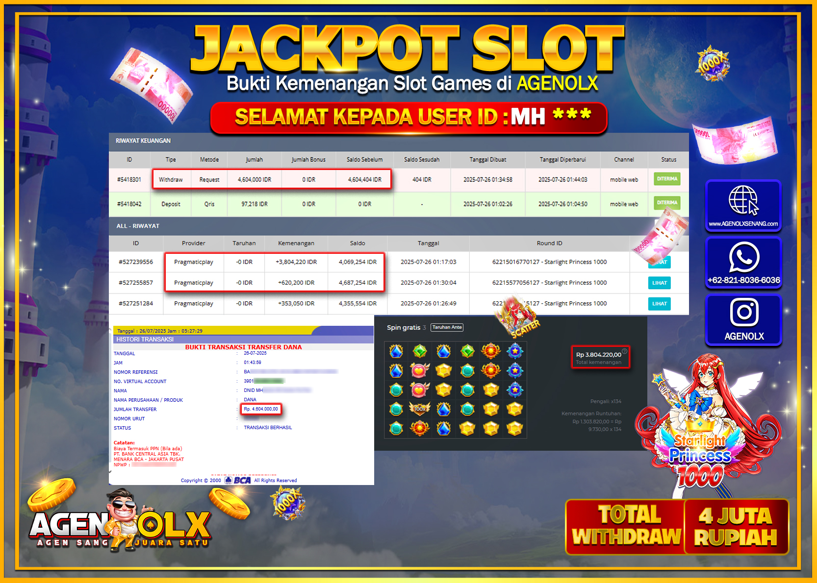 AGENOLX JACKPOT  SLOT STARLIGHT PRINCESS 1000 Rp 4.604.000,- LUNAS