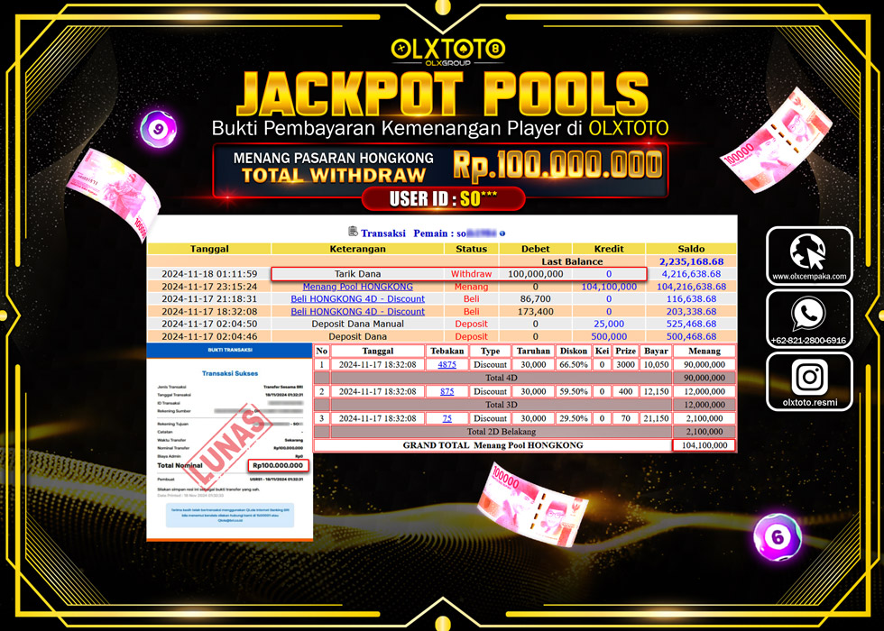 OLXTOTO JACKPOT  TOGEL POOL HONGKONG Rp.100.000.000.,- LUNAS