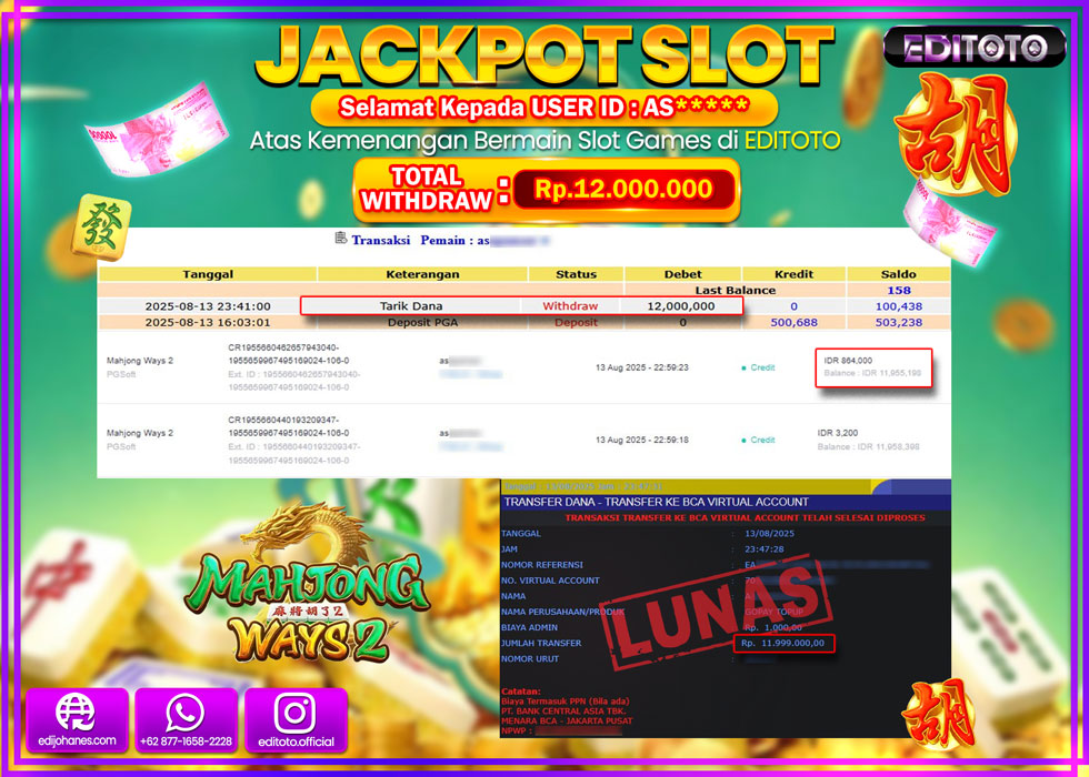 JACKPOT EDITOTO SLOT MAHJONG WAYS 2 Rp.12.000.000,- LUNAS 