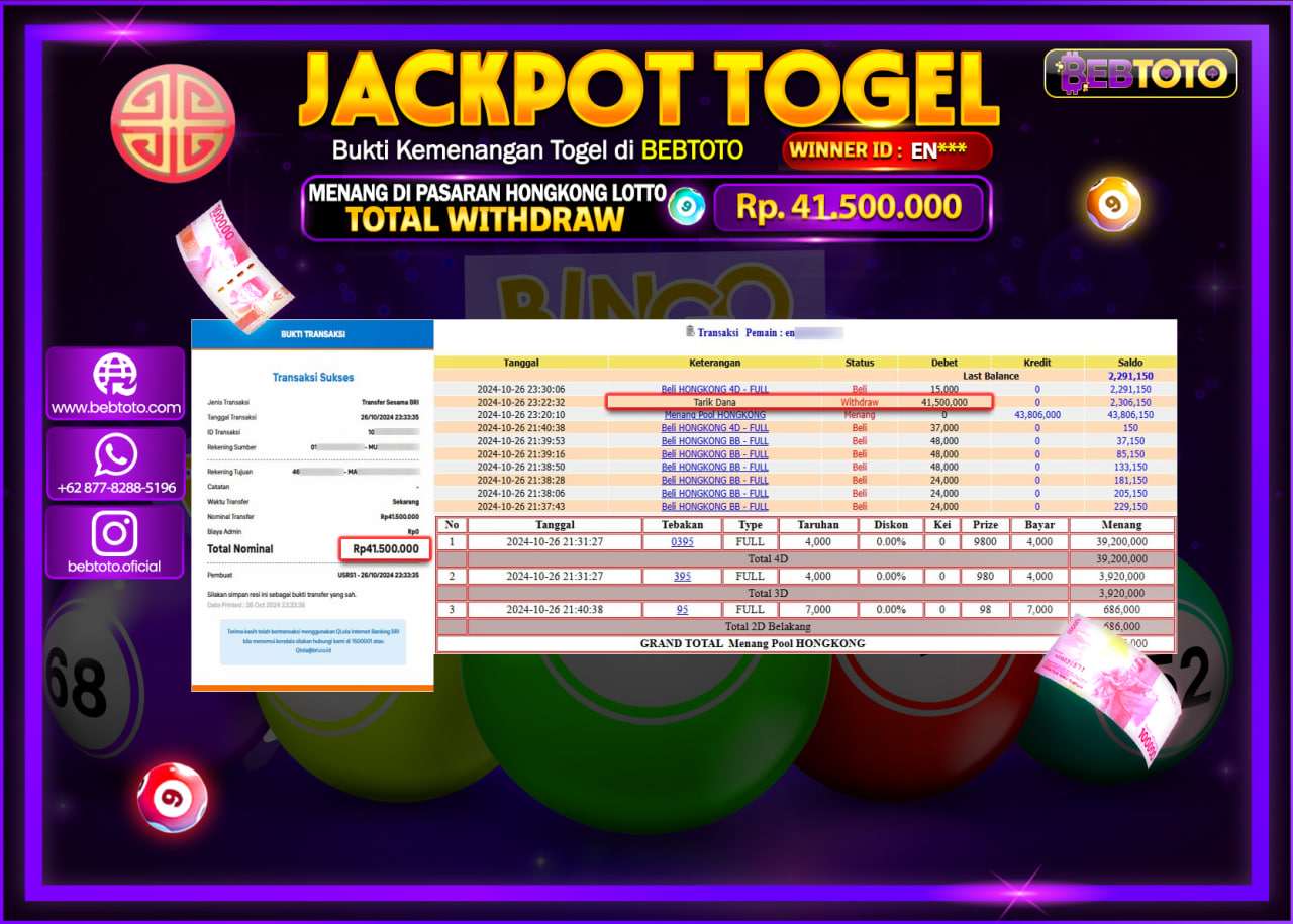 JACKPOT TOGEL BEBTOTO HONGKONG LOTTO  Rp.41.500.000.,- LUNAS