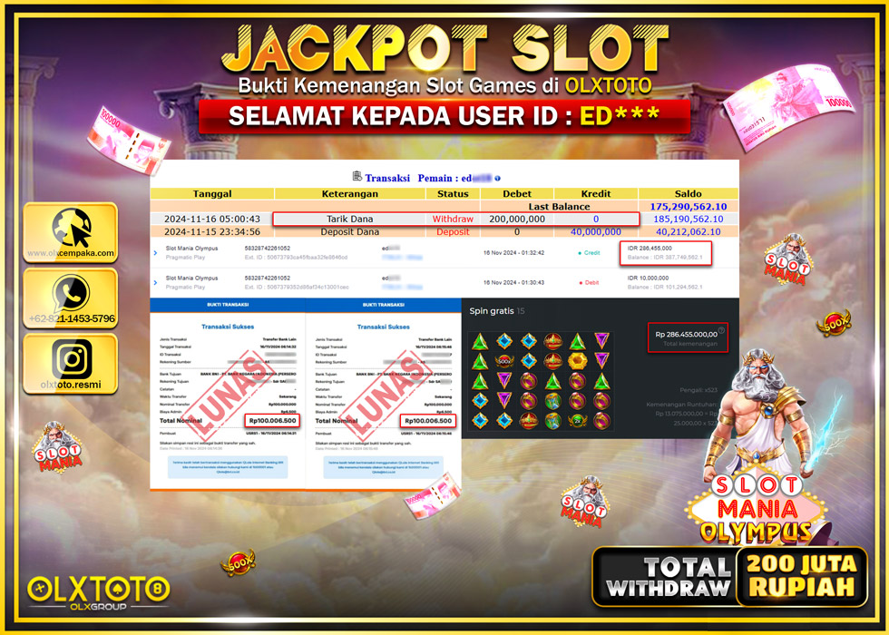 OLXTOTO JACKPOT  SLOT MANIA OLYMPUS  Rp.200.000.000.,- LUNAS