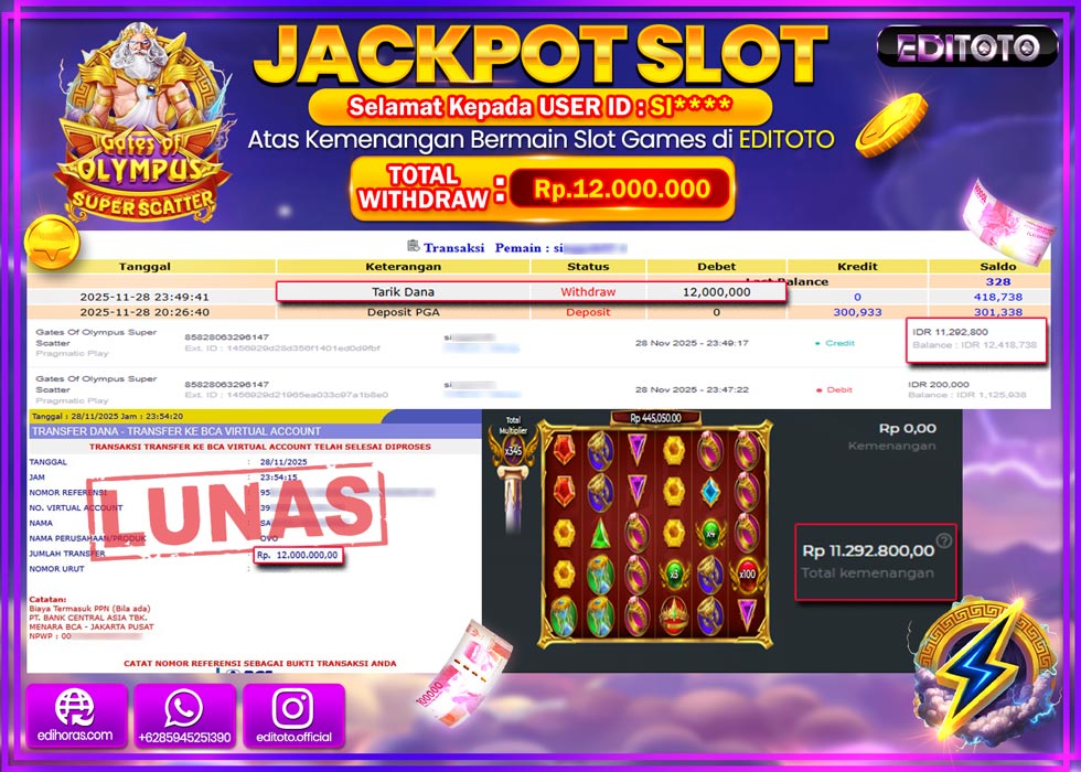 JACKPOT EDITOTO SLOT SUPER SCATTER GATES OF OLYMPUS  Rp.12.000.000,- LUNAS  