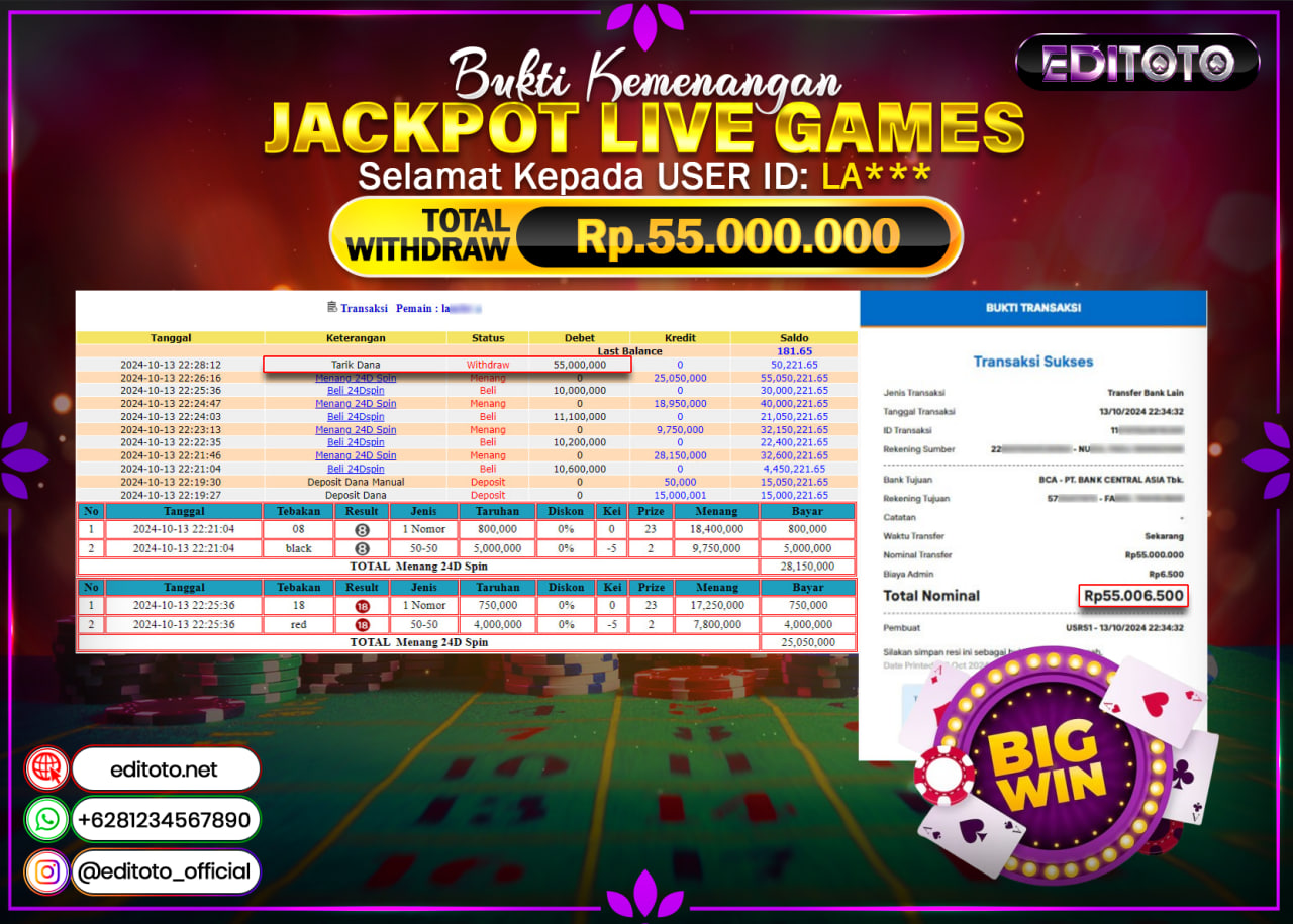 JACKPOT LIVE GAME 24D SPIN Rp.55.000.000.,- LUNAS