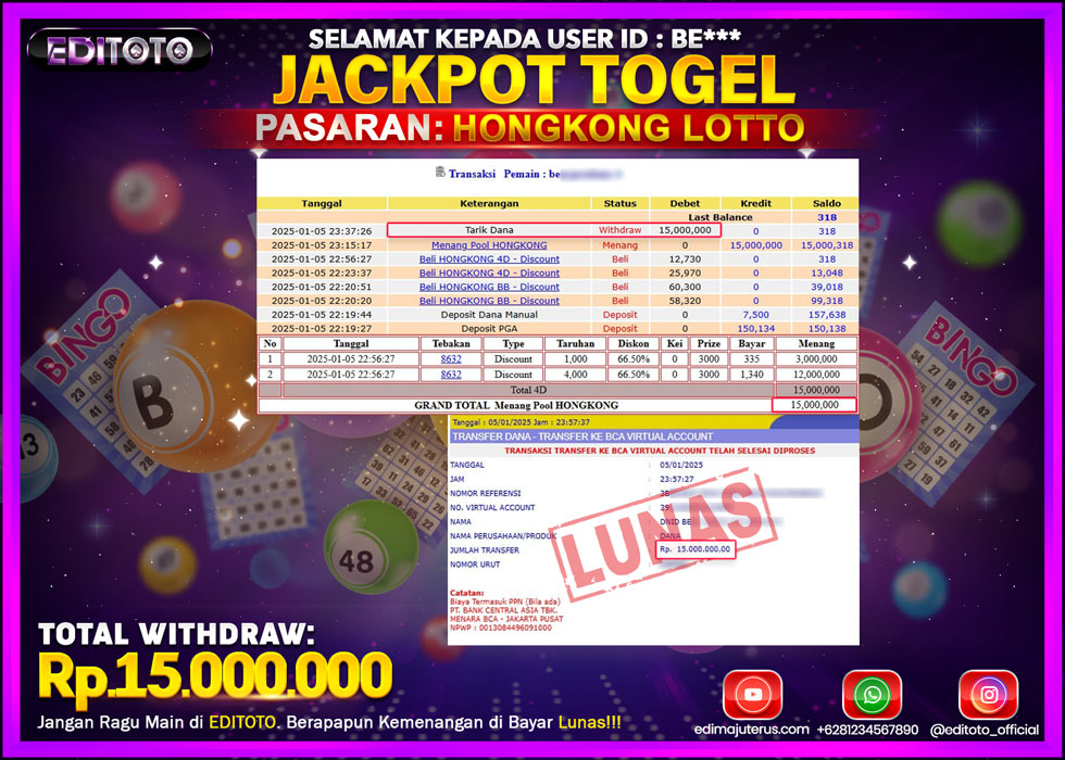 JACKPOT TOGEL PASARAN HONGKONG LOTTO Rp.15.000.000.,- LUNAS