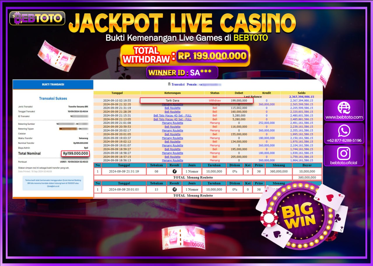 JACKPOT LIVE CASINO BEBTOTO ROULETTE 6 Rp.199.000.000.,- LUNAS