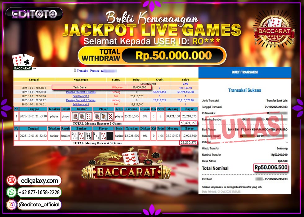 JACKPOT EDITOTO LIVE GAMES BACCARAT 3 Rp. 50.000.000.,- LUNAS 