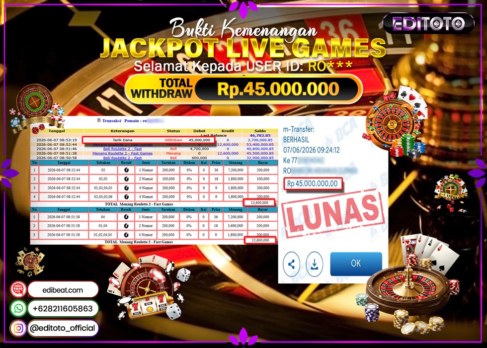 JACKPOT EDITOTO LIVE GAMES ROULLET 2 Rp.45.000.000.,- LUNAS
