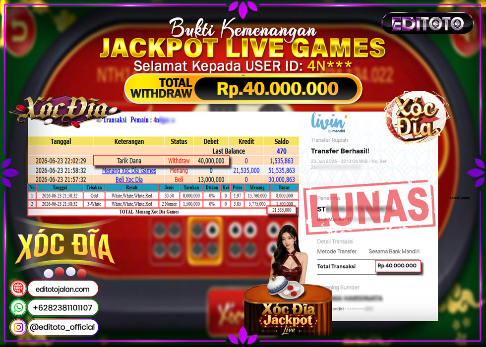 JACKPOT EDITOTO LIVE GAMES XOC DIA GAMES Rp.40.000.000.,- LUNAS