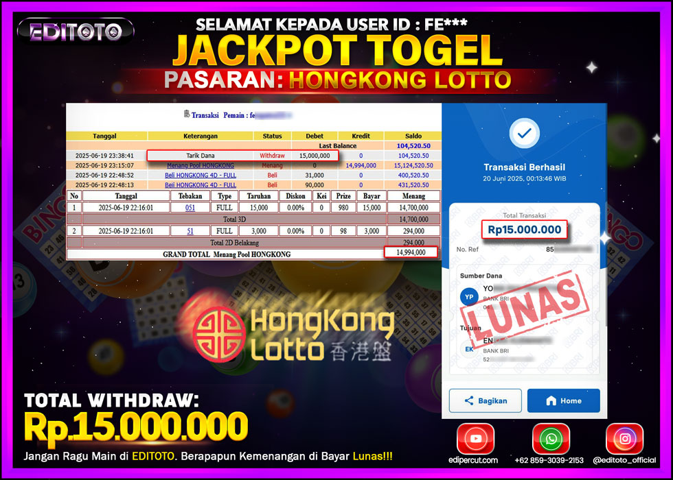 JACKPOT EDITOTO TOGEL PASARAN HONGKONG LOTTO Rp.15.000.000.,- LUNAS