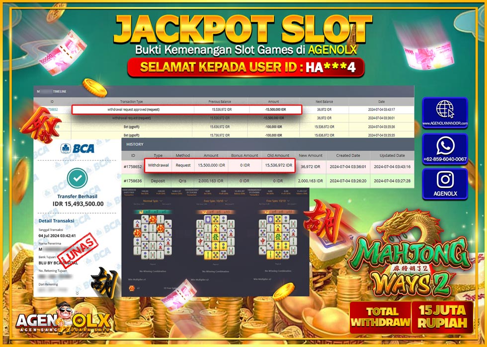 AGENOLX JACKPOT SLOT MAHJONG WAYS 2  Rp.15.500.000,- LUNAS