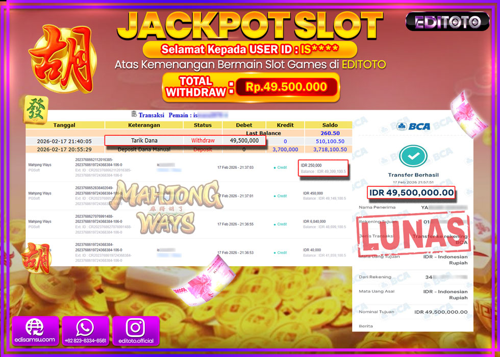 JACKPOT EDITOTO SLOT MAHJONG WAYS Rp.49.500.000,- LUNAS