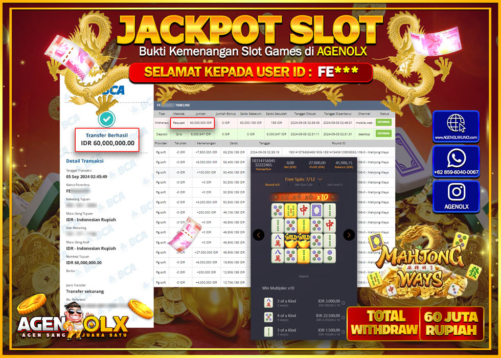 AGENOLX JACKPOT SLOT MAHJONG WAYS  Rp.60.000.000,- LUNAS