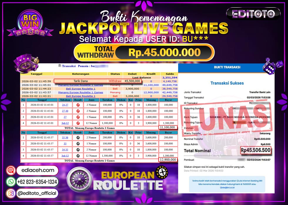 JACKPOT EDITOTO LIVE GAMES EUROPEAN ROULETTE GAMES Rp. 45.000.000.,- LUNAS