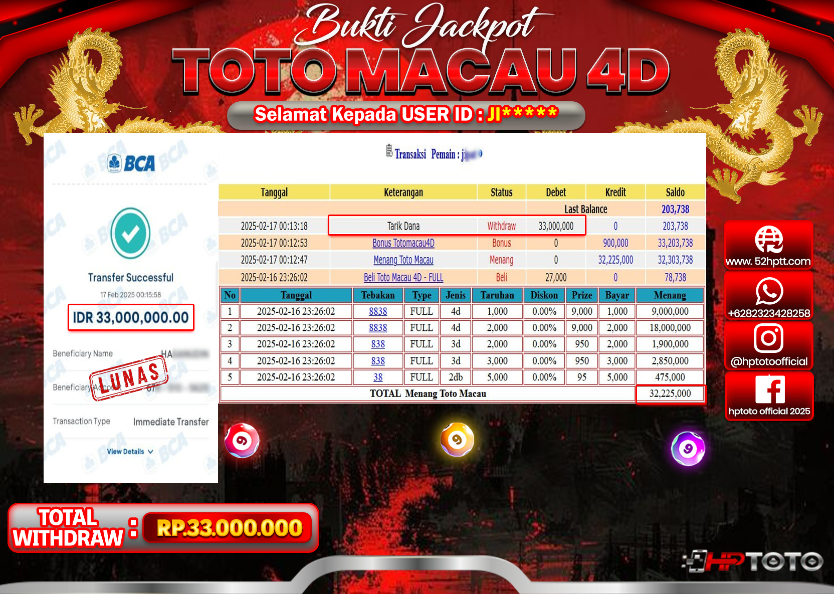 HPTOTO JACKPOT TOGEL PASARAN TOTOMACAU Rp.33.000.000,- LUNAS