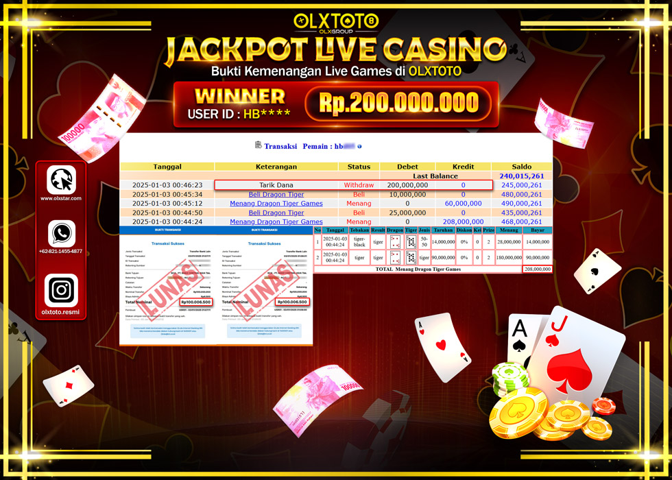 OLXTOTO JACKPOT  LIVE GAMES DRAGON TIGER Rp.200.000.000.,- LUNAS