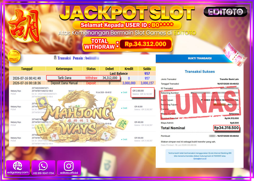 JACKPOT EDITOTO SLOT MAHJONG WAYS Rp.34.312.000,- LUNAS
