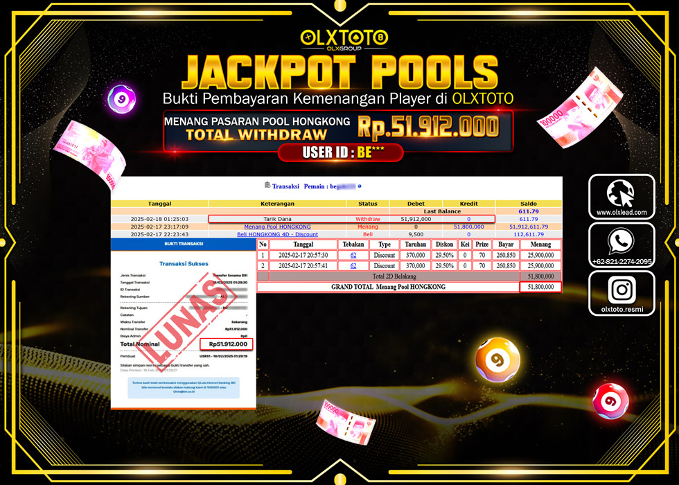 OLXTOTO JACKPOT  TOGEL POOL HONGKONG  Rp.51.912.000.,- LUNAS