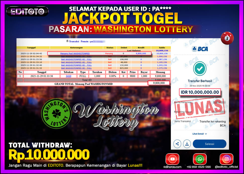 JACKPOT EDITOTO TOGEL PASARAN WASHINGTON LOTTERY Rp.10.000.000.,- LUNAS 