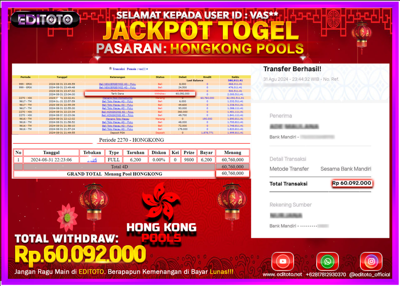 JACKPOT TOGEL PASARAN HONGKONG Rp.60.092.000.,- LUNAS