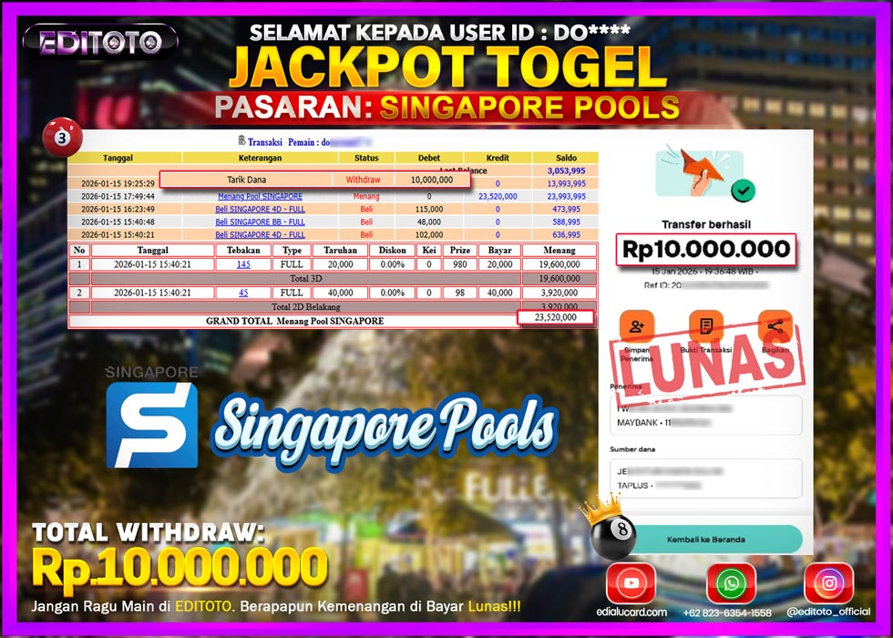 JACKPOT EDITOTO TOGEL PASARAN SINGAPORE POOLS Rp.10.000.000.,- LUNAS 