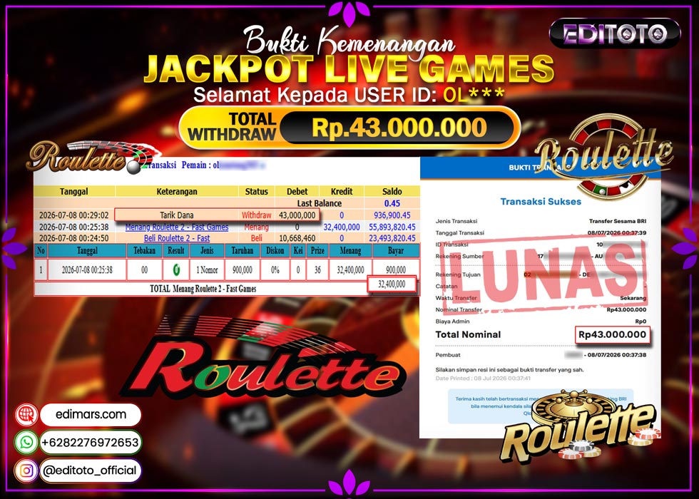 JACKPOT EDITOTO LIVE GAMES ROULLETE 2 GAMES   Rp.43.000.000.,- LUNAS
