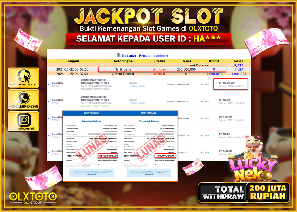 OLXTOTO JACKPOT  SLOT LUCKY NEKO  Rp.200.000.000.,- LUNAS