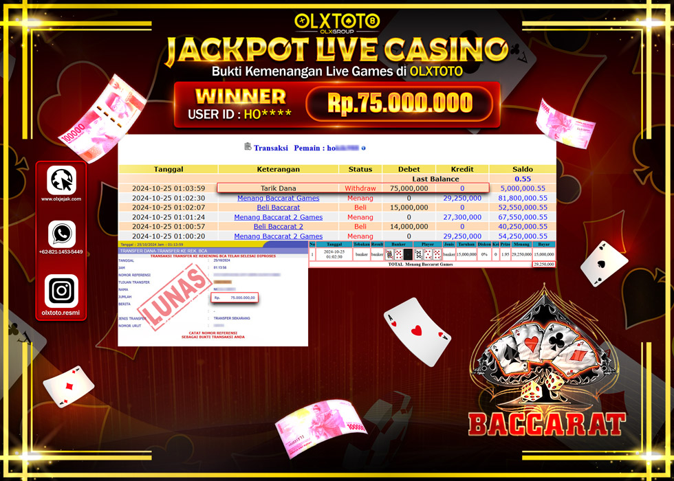 OLXTOTO JACKPOT  LIVE GAMES BACCARAT   Rp.75.000.000.,- LUNAS