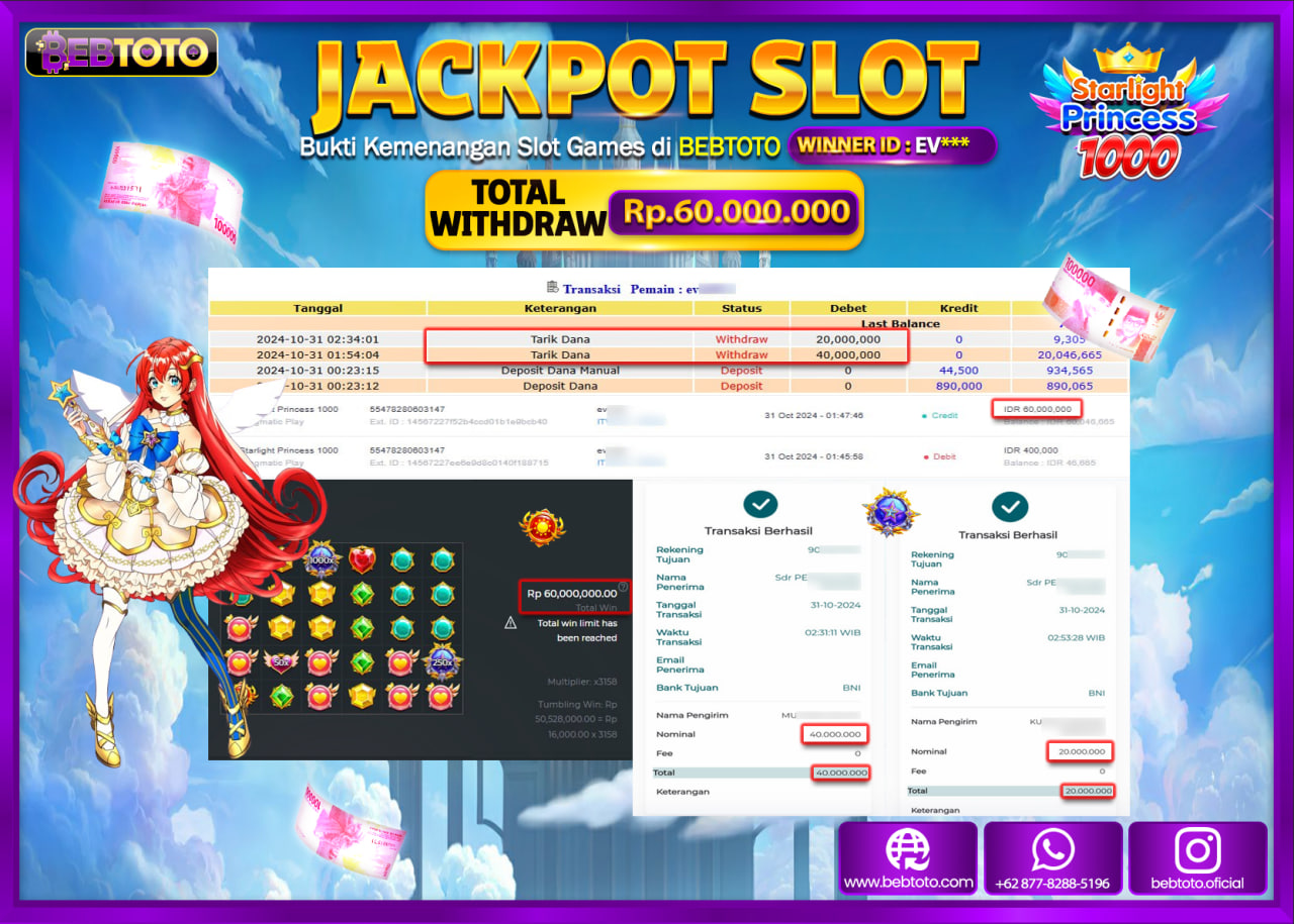 JACKPOT SLOT BEBTOTO STARLIGHT PRINCESS 1000 Rp.60.000.000.,- LUNAS