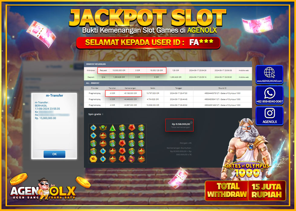 AGENOLX JACKPOT SLOT GATES OF OLYMPUS 1000 Rp.15.000.000,- LUNAS