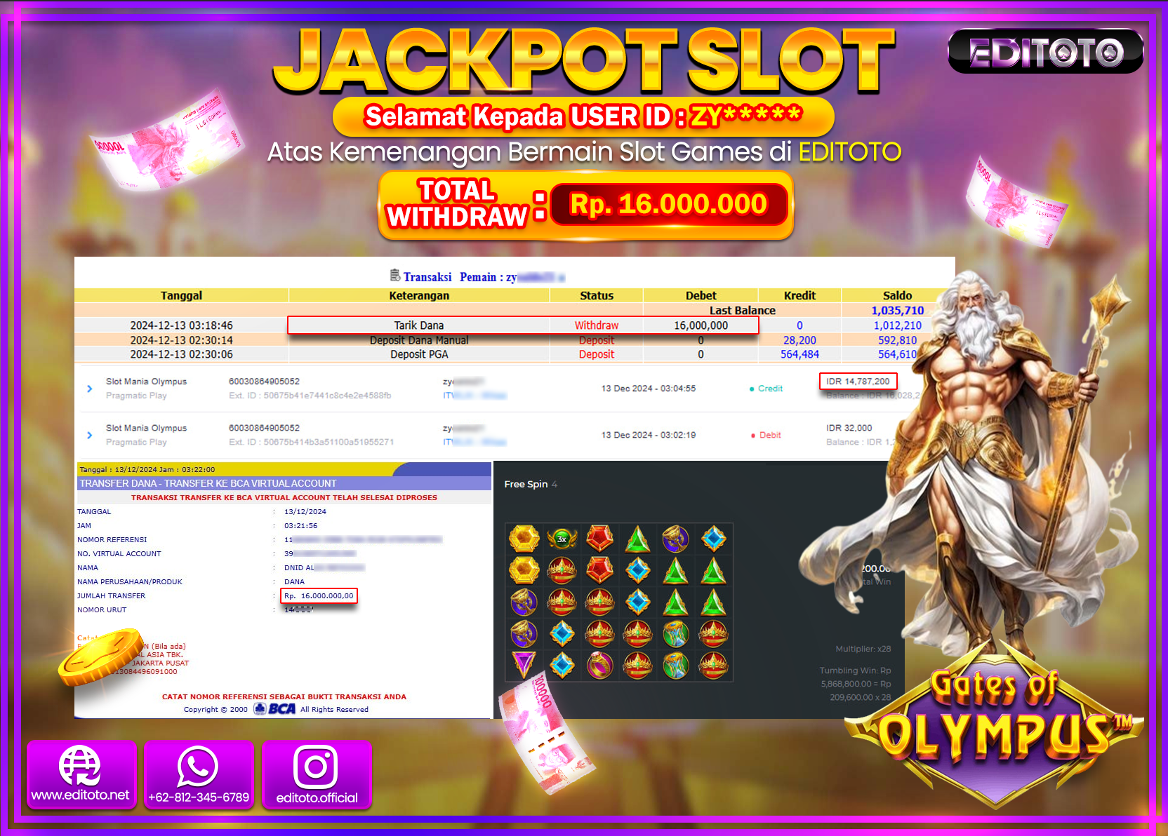 JACKPOT SLOT Slot Mania Olympus Rp.16.000.000.,- LUNAS