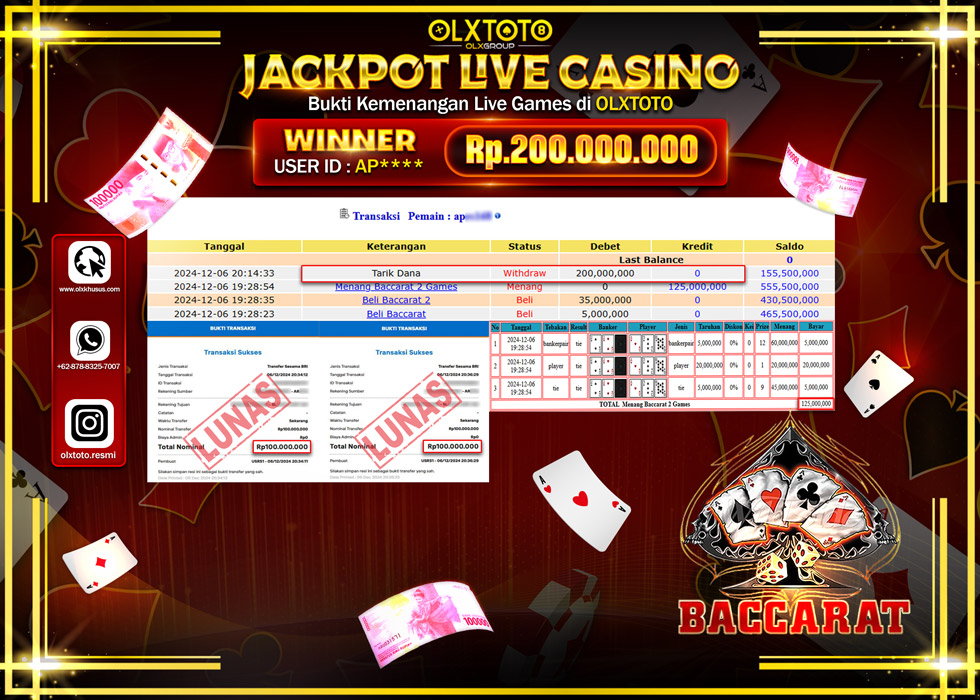 OLXTOTO JACKPOT  LIVE GAMES BACCARAT Rp.200.000.000.,- LUNAS