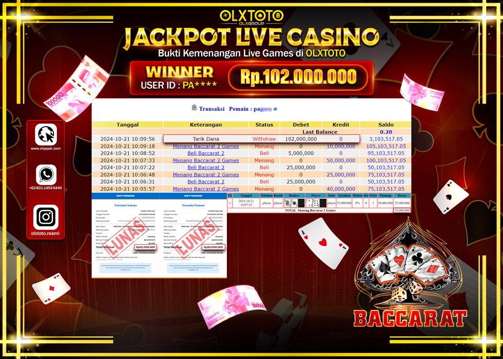 OLXTOTO JACKPOT  LIVE GAMES BACCARAT 2  Rp.102.000.000.,- LUNAS