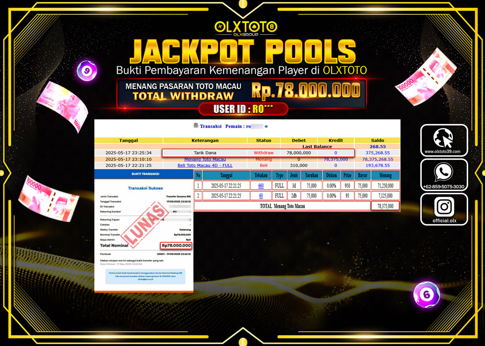 BINTANGSLOT77 JACKPOT TOGEL PASARAN TOTO MACAU Rp.78.000.000.,- LUNAS