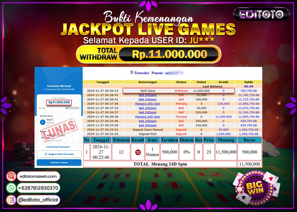 JACKPOT LIVE GAMES 24D SPIN Rp.11.000.000.,- LUNAS