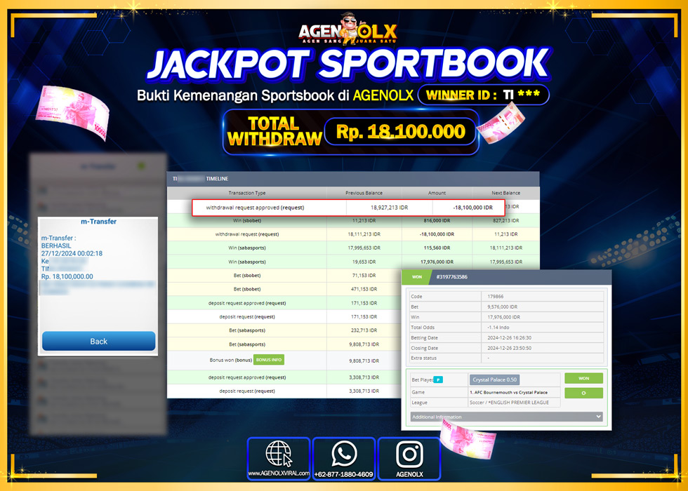 AGENOLX JACKPOT SPOORTBOOK Rp 18.100.000,- LUNAS