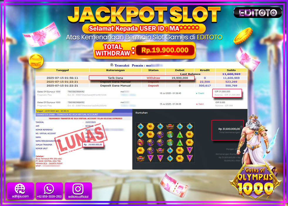JACKPOT EDITOTO SLOT GATES OF OLYMPUS 1000 Rp.19.900.000,- LUNAS 