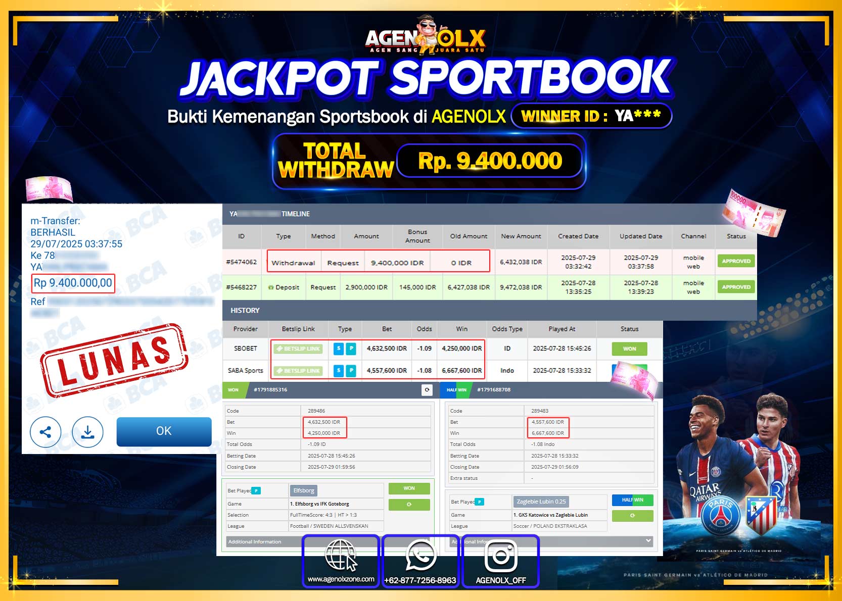 AGENOLX JACKPOT  SPORTBOOK  Rp 9.400.000,- LUNAS