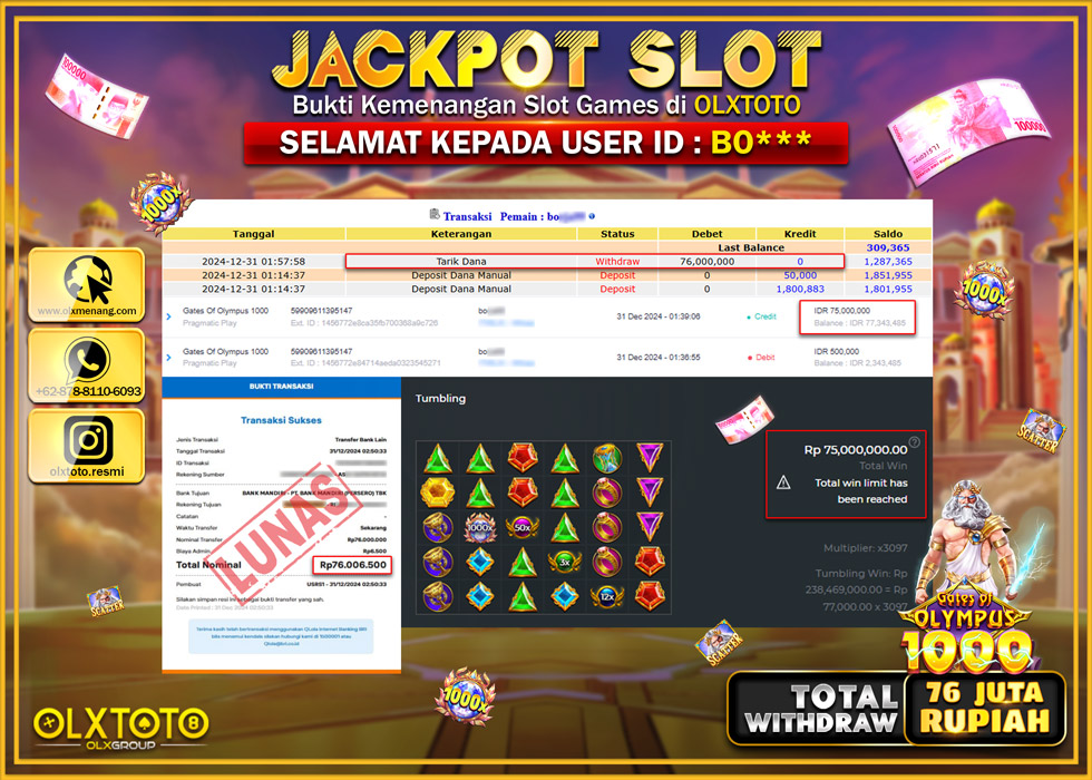 OLXTOTO JACKPOT  SLOT GATES OF OLYMPUS 1000  Rp.76.000.000.,- LUNAS