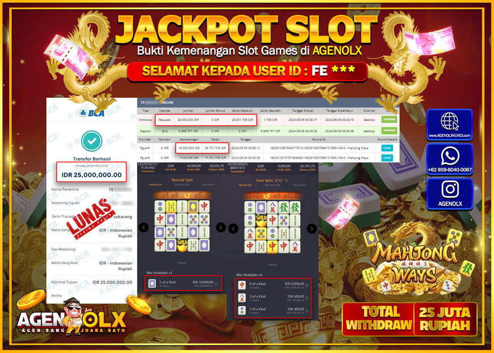 AGENOLX JACKPOT SLOT MAHJONG WAYS Rp.25.000.000,- LUNAS