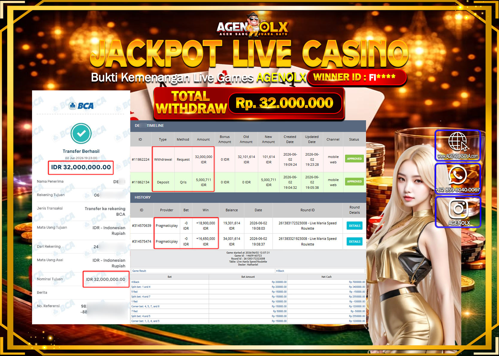 AGENOLX JACKPOT LIVE CASINO SPEED ROULETTE  Rp 32.000.000- LUNAS