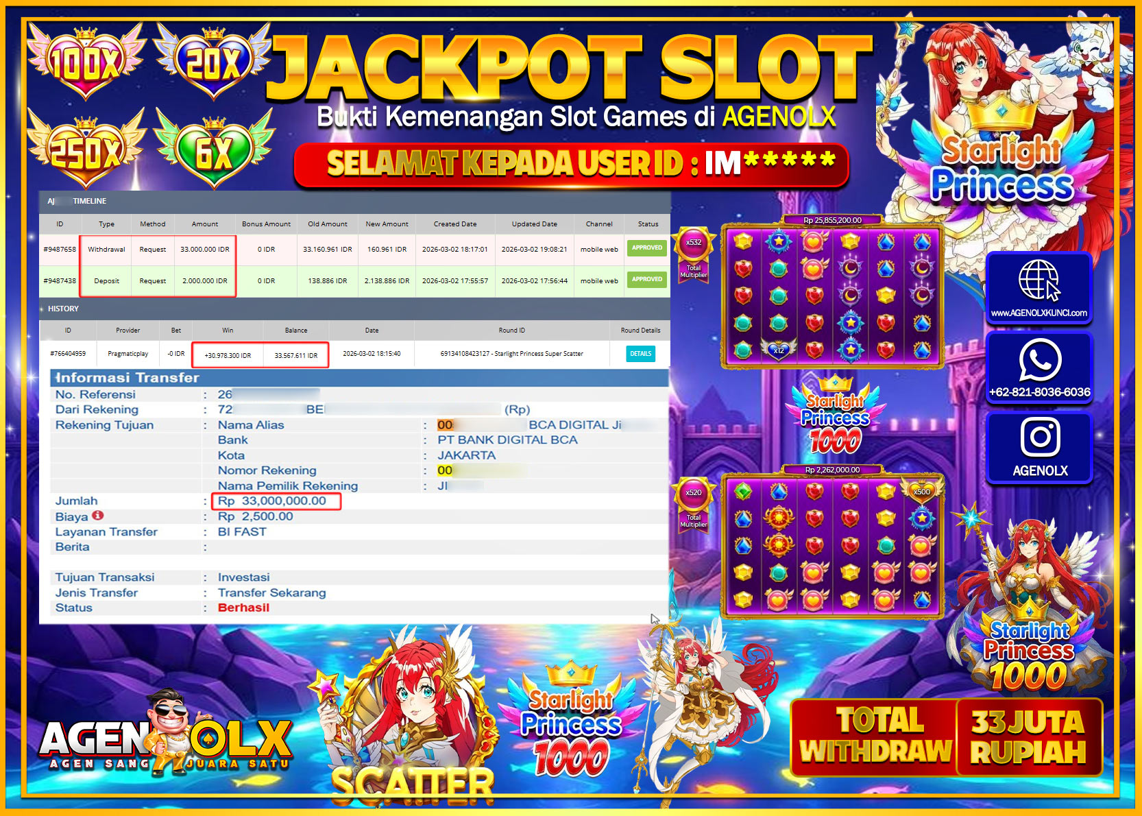 AGENOLX JACKPOT SLOT STARLIGHT PRINCESS SUPER SCATTER  Rp 33.000.000- LUNAS